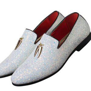 Santimon Men's US 6.5 - 12.5 White Glitter Slip-on Metal Tassels Loafers Shoes